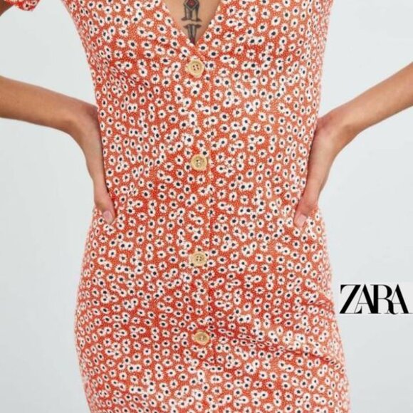 NWOT Zara Red Orange Daisy Print V-Neck Button Front Stretch Dress - M - Picture 8 of 8